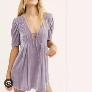 Free People Velvet Adelle Tunic Top Mini Dress Sz XS Puff Sleeve Violet Fog Boho